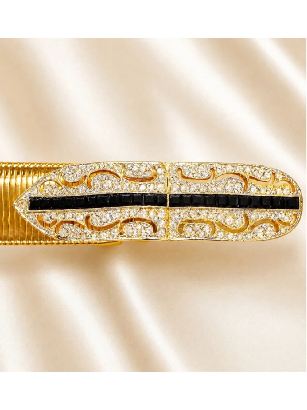 Vintage KJL Kenneth Lane Gold Tone Stretch Belt Rhinestone Black Art Deco Clasp